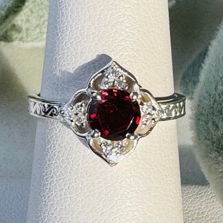 Red Garnet & Moissanite Rings - Size 6 Round Circle 4 Petal Flower - Prong Claw Set Sterling Silver