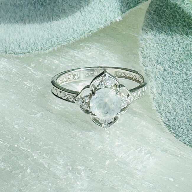 Rainbow (White) Moonstone & Moissanite Rings - Size 8 Round Circle 4 Petal Flower - Prong Claw Set Sterling Silver