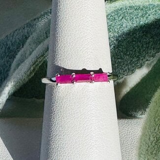 Ruby Rings - Size 5 Rectangle 3 Stone (Emerald Cut Baguette) - Claw Prong Set Sterling Silver