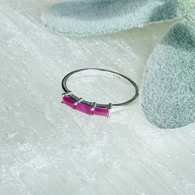 Ruby Rings - Size 4 Rectangle 3 Stone (Emerald Cut Baguette) - Claw Prong Set Sterling Silver
