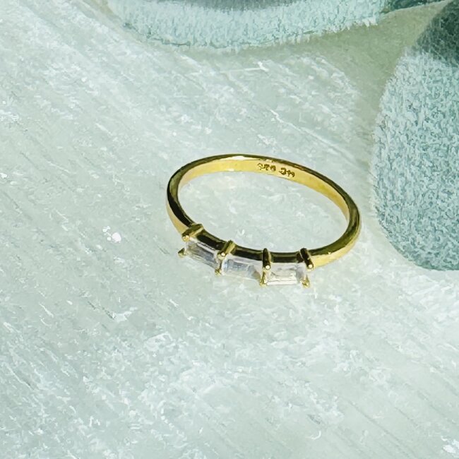 Rainbow (White) Moonstone Rings - Size 8 Rectangle 3 Stone (Emerald Cut Baguette) - Claw Prong Set 18k Gold Vermeil