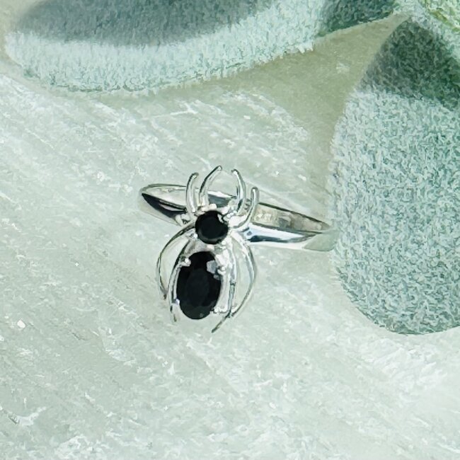 Black Tourmaline Spider Rings - Size 7 Circle Round Oval - Claw Prong Set Sterling Silver
