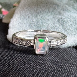 Ethiopian Opal & Moissanite Rings - Size 6 Rectangle Faceted Channel Set in Band - Bezel Set Sterling Silver