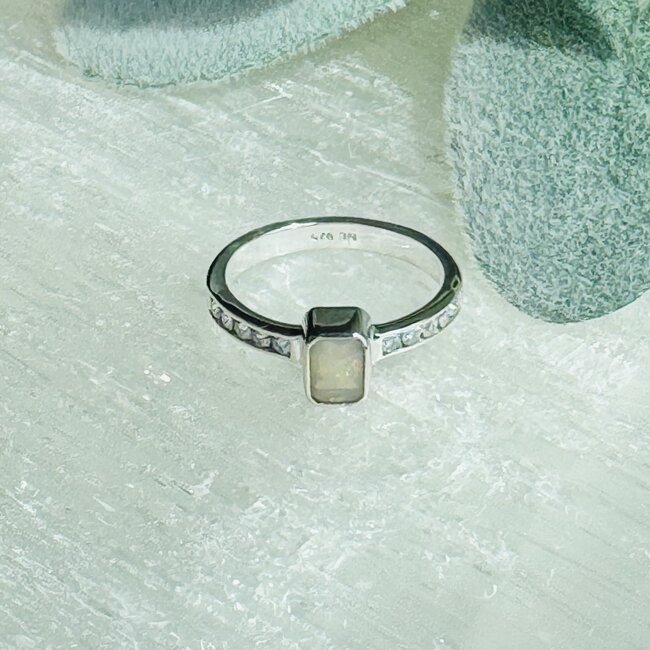 Ethiopian Opal & Moissanite Rings - Size 6 Rectangle Faceted Channel Set in Band - Bezel Set Sterling Silver
