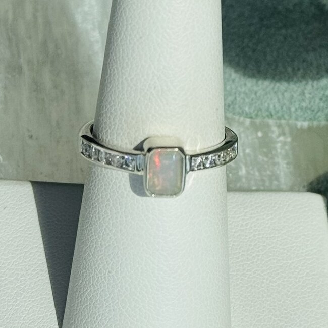 Ethiopian Opal & Moissanite Rings - Size 8 Rectangle Faceted Channel Set in Band - Bezel Set Sterling Silver