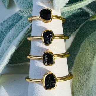 Black Tourmaline Rings - Size 7 Rough Raw Natural Bezel Set - 18k Gold Vermeil