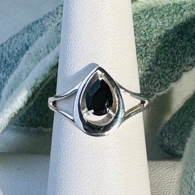 Black Tourmaline Rings - Size 6 Teardrop Pear Faceted & Band - Prong Claw Set Sterling Silver