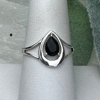 Black Tourmaline Rings - Size 8 Teardrop Pear Faceted & Band - Prong Claw Set Sterling Silver