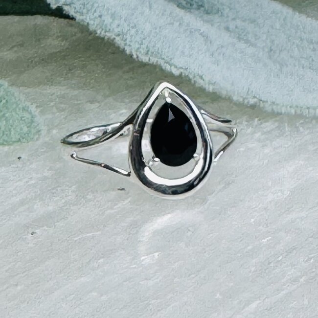 Black Tourmaline Rings - Size 9 Teardrop Pear Faceted & Band - Prong Claw Set Sterling Silver