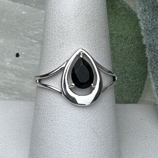 Black Tourmaline Rings - Size 6 Teardrop Pear Faceted & Band - Prong Claw Set Sterling Silver