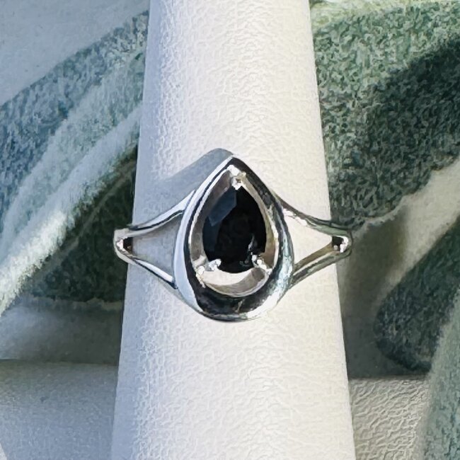Black Tourmaline Rings - Size 4 Teardrop Pear Faceted & Band - Prong Claw Set Sterling Silver