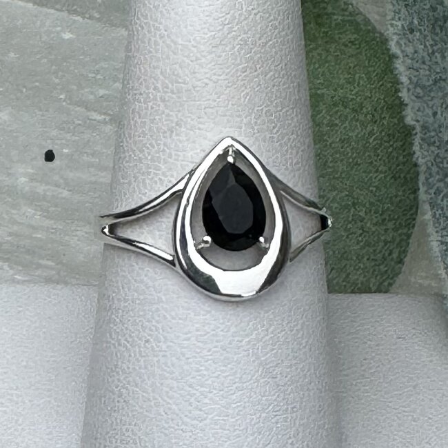 Black Tourmaline Rings - Size 9 Teardrop Pear Faceted & Band - Prong Claw Set Sterling Silver