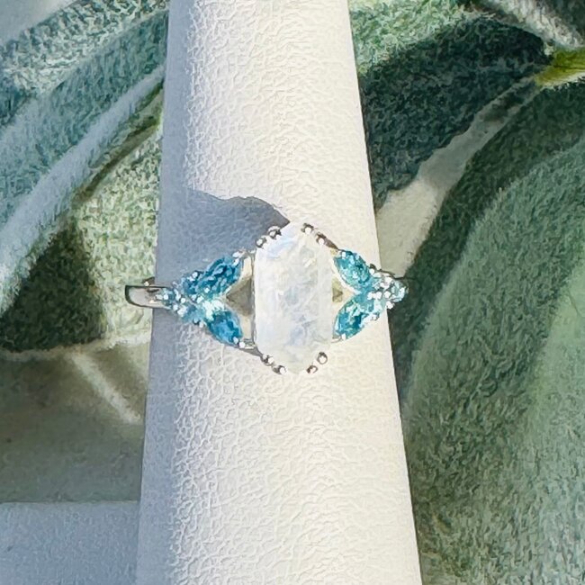 Swiss Blue Topaz & Rainbow (White) Moonstone - Size 7 Elongated Hexagon (Beatrice Long Marquise) Faceted Claw Prong Set - Sterling Silver