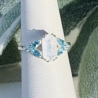 Swiss Blue Topaz & Rainbow (White) Moonstone - Size 6 Elongated Hexagon (Beatrice Long Marquise) Faceted Claw Prong Set - Sterling Silver