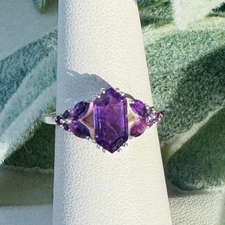 Amethyst Rings - Size 7 Elongated Hexagon (Beatrice Long Marquise) Faceted Claw Prong Set - Sterling Silver