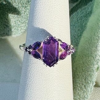 Amethyst Rings - Size 8 Elongated Hexagon (Beatrice Long Marquise) Faceted Claw Prong Set - Sterling Silver