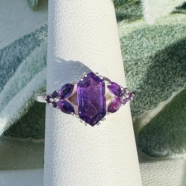 Amethyst Rings - Size 8 Elongated Hexagon (Beatrice Long Marquise) Faceted Claw Prong Set - Sterling Silver