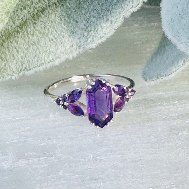 Amethyst Rings - Size 8 Elongated Hexagon (Beatrice Long Marquise) Faceted Claw Prong Set - Sterling Silver