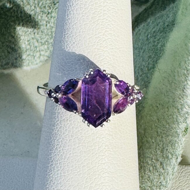 Amethyst Rings - Size 6 Elongated Hexagon (Beatrice Long Marquise) Faceted Claw Prong Set - Sterling Silver