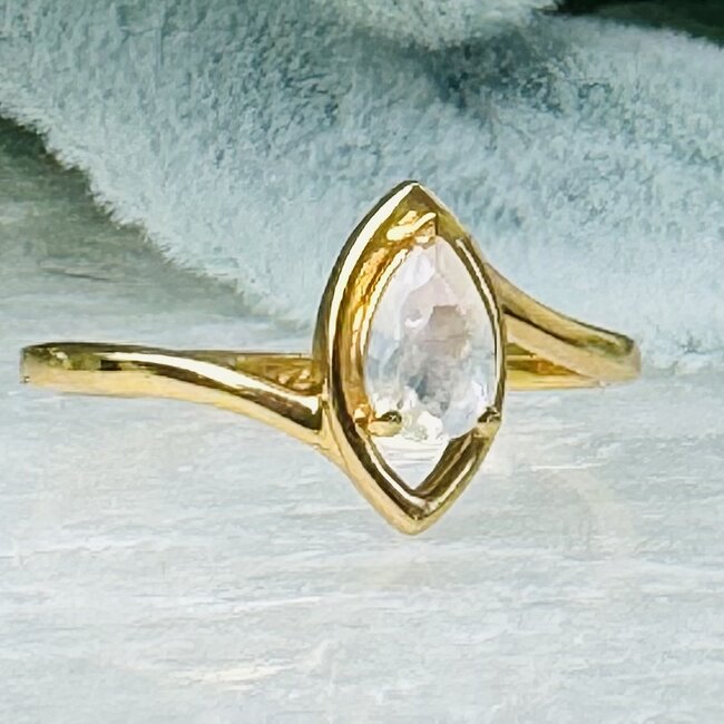 Rainbow (White) Moonstone Rings - Size 10 Pear Teardrop Faceted - Marquise Band 18k Gold Vermeil