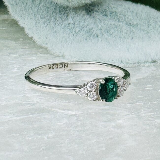 Emerald & Moissanite Rings - Size 6 Oval & Round Circle Faceted - Claw Prong Set Sterling Silver