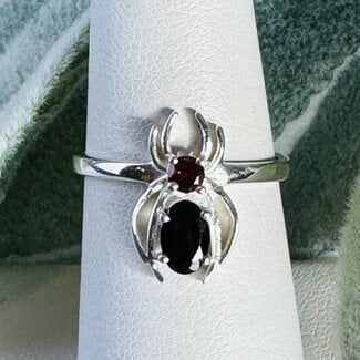 Black Tourmaline & Red Garnet Spider Rings - Size 5 Circle Round Oval - Claw Prong Set Sterling Silver