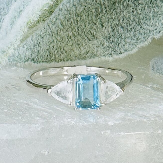 Swiss Blue Topaz & Rainbow Moonstone Rings - Size 6 Rectangle Faceted (Emerald Cut) Triangle - Prong Claw Set Sterling Silver