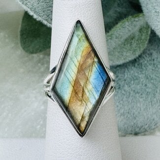 Labradorite Rings - Size 6 Diamond Marquise Bezel Set - Sterling Silver