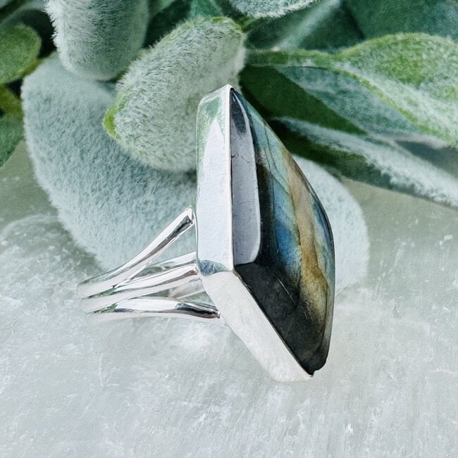 Labradorite Rings - Size 6 Diamond Marquise Bezel Set - Sterling Silver