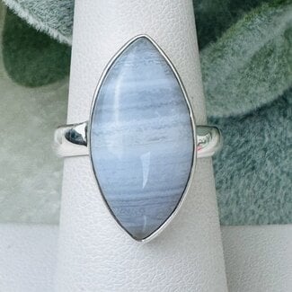 Blue Lace Agate Rings - Size 7 Marquise Bezel Set - Sterling Silver