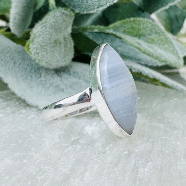 Blue Lace Agate Rings - Size 7 Marquise Bezel Set - Sterling Silver