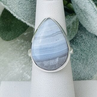Blue Lace Agate Rings - Size 7 #2 Teardrop Pear Bezel Set - Sterling Silver