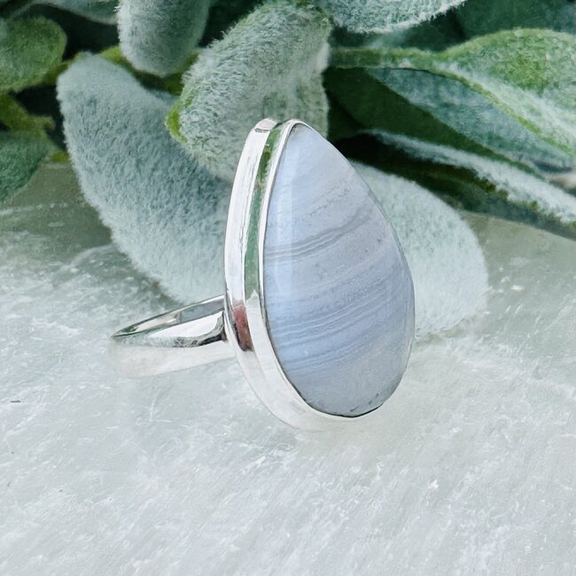 Blue Lace Agate Rings - Size 7 #2 Teardrop Pear Bezel Set - Sterling Silver