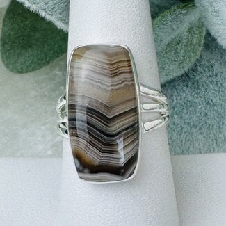 Grey Botswana Agate Rings - Size 8 Rectangle Bezel Set - Triple Band Sterling Silver