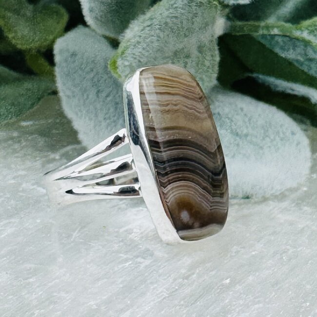 Grey Botswana Agate Rings - Size 8 Rectangle Bezel Set - Triple Band Sterling Silver