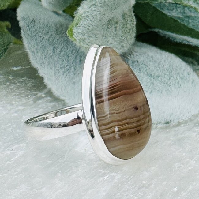 Grey Botswana Agate Rings - Size 8 Teardrop Pear Bezel Set - Sterling Silver