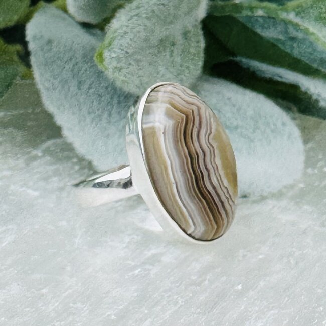 Grey Botswana Agate Rings - Size 8 Oval Bezel Set - Sterling Silver