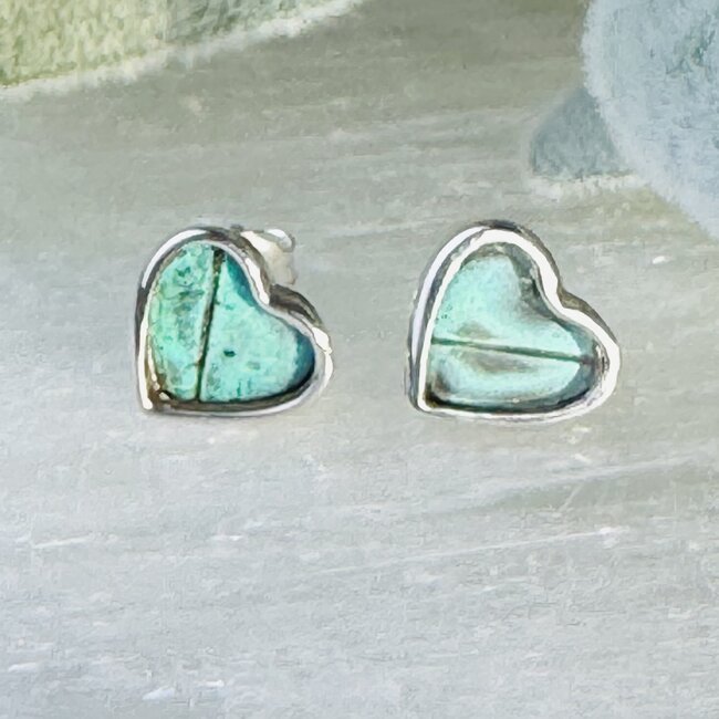 Blue Butterfly Wing Earrings - Heart Studs Bezel Set - Sterling Silver
