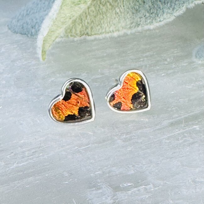 Multi Colored Butterfly Wing Earrings - Heart Studs Bezel Set - Sterling Silver