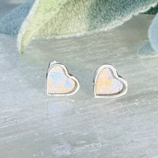 White Iridescent Butterfly Wing Rings - Heart Studs Bezel Set - Sterling Silver