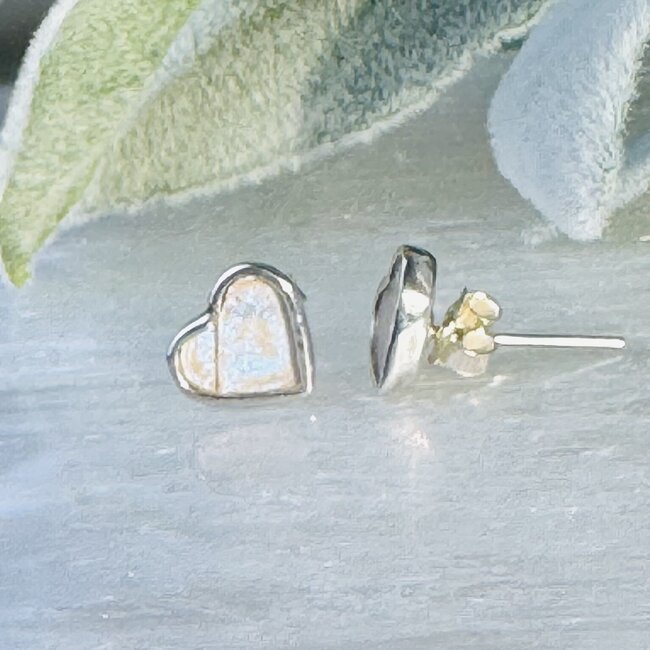 White Iridescent Butterfly Wing Rings - Heart Studs Bezel Set - Sterling Silver