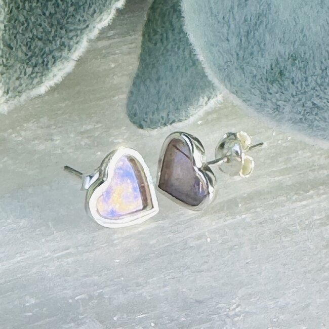 White Iridescent Butterfly Wing Rings - Heart Studs Bezel Set - Sterling Silver