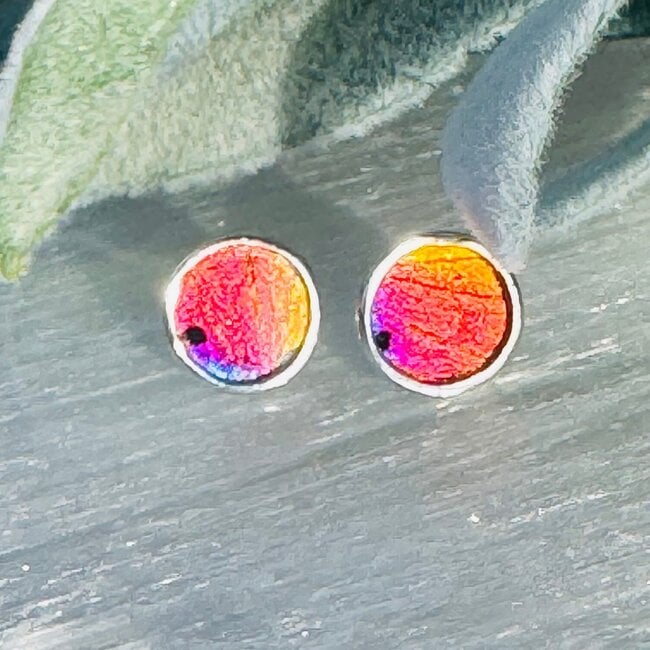 Multi Colored Rainbow Butterfly Wing Earrings - Round Circle Studs Bezel Set - Sterling Silver