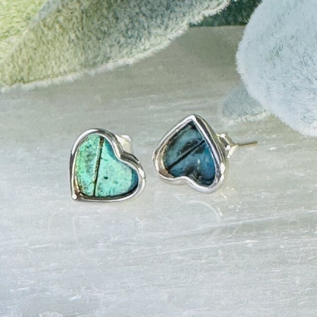 Blue Butterfly Wing Earrings - Heart Studs Bezel Set - Sterling Silver