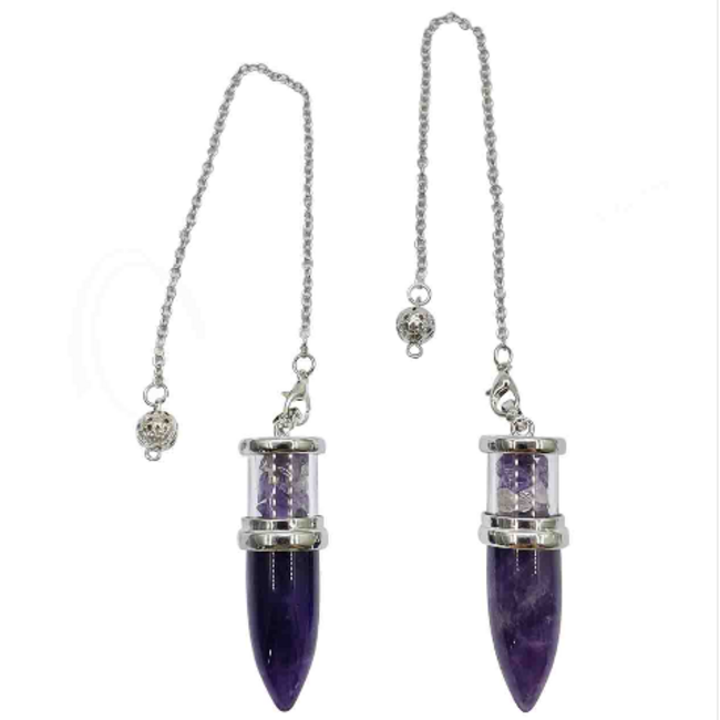 Amethyst Pendulums - Drop Chambered Chips Cone Point - Silver Bead & Chain 9-10" Divination Dowsing