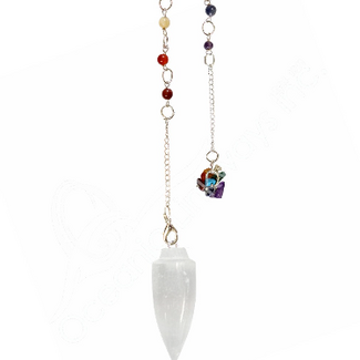 Selenite (Satin Spar Gypsum) Penduluma - Teardrop Cone Point - 11" Beaded Chakra Silver Chain & Chakra Chips - Dowsing Divination