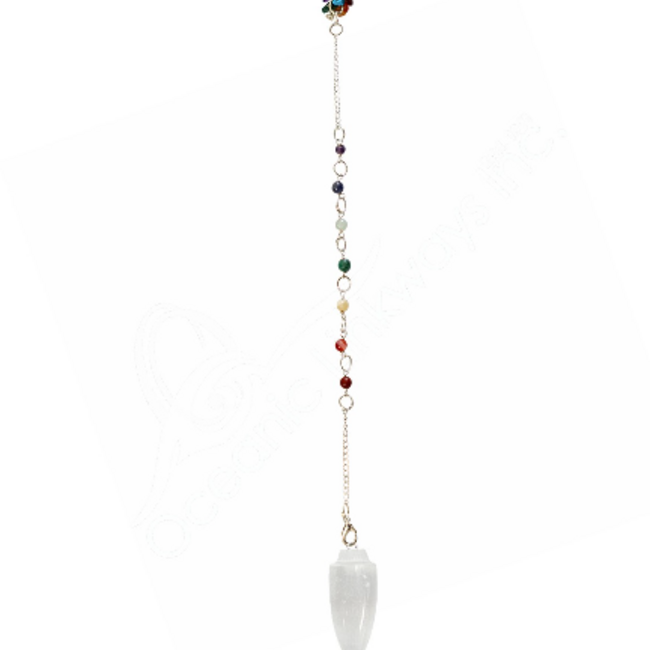 Selenite (Satin Spar Gypsum) Penduluma - Teardrop Cone Point - 11" Beaded Chakra Silver Chain & Chakra Chips - Dowsing Divination
