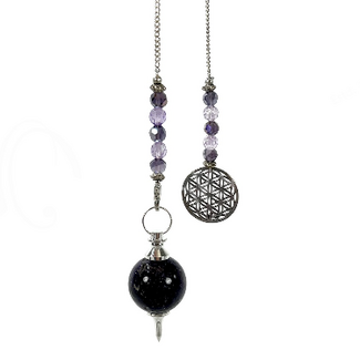 Amethyst Pendulums - Round Sephoroton Faceted Beaded Silver Chain Flower of Life Charm 11" - Dowsing Divination