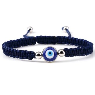Evil Eye Bracelets - Blue Braided Adjustable Single Eye Silver Beads - Parachute String Protection