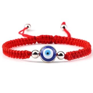 Evil Eye Bracelets - Red Braided Adjustable Single Eye Silver Beads - Parachute String Protection